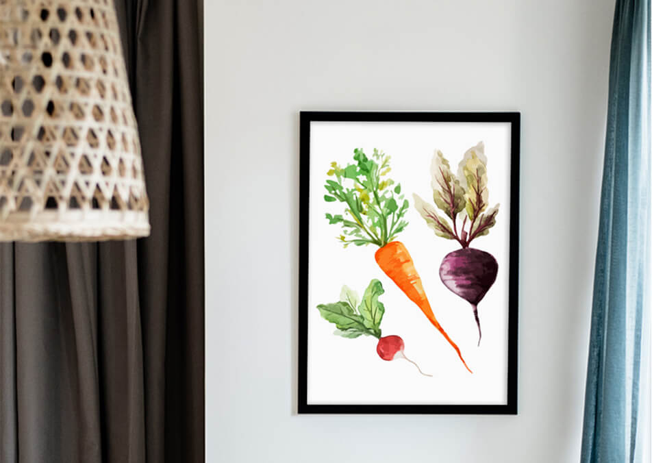 Køkkenplakat med grøntsager mod hvid væg – køkkenindretning