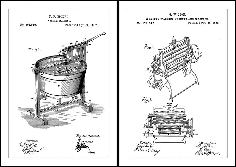 Plakater med patenttegninger på vaskemaskiner