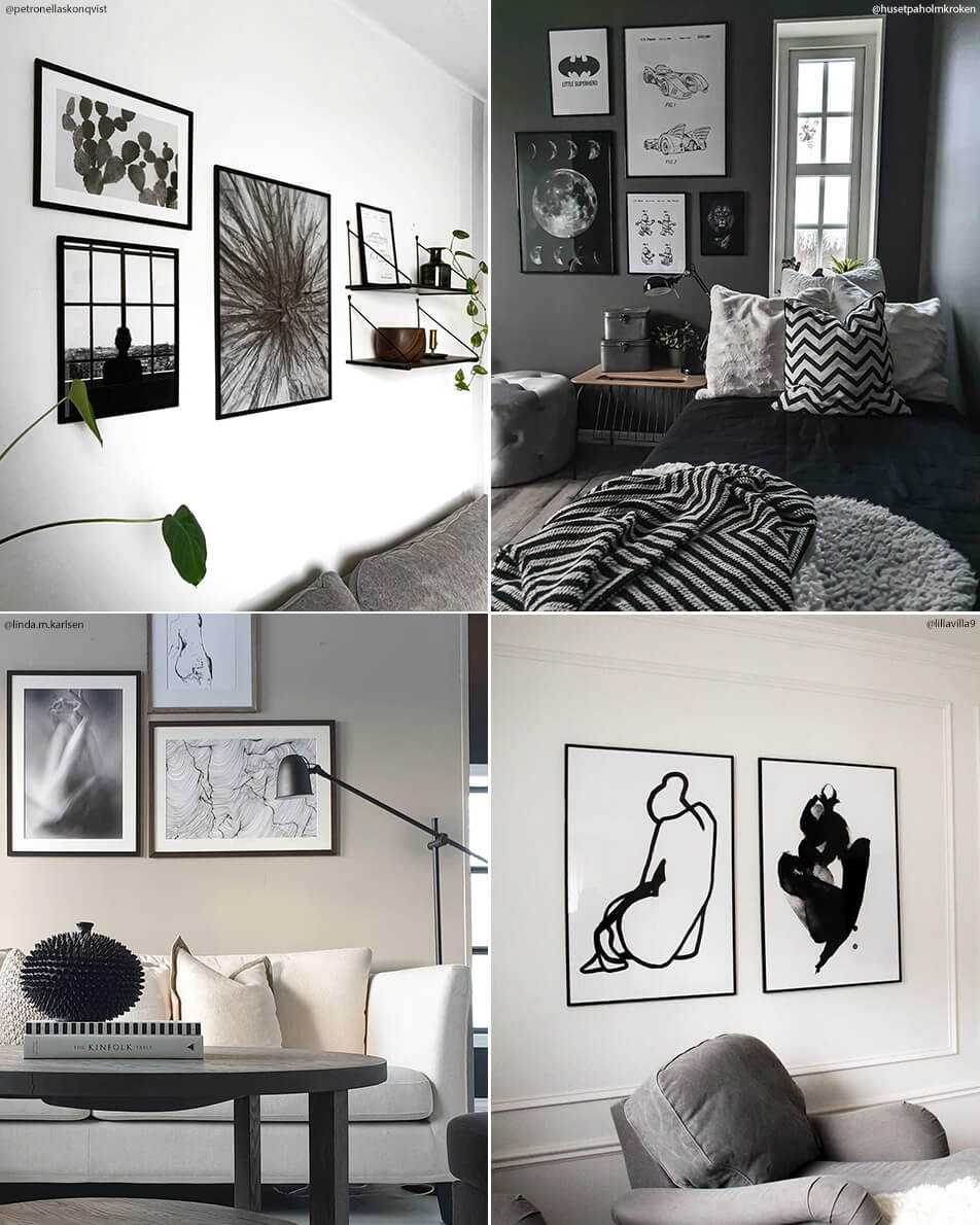 Billeder af stue og soveværelse med billedvægge og sort-hvide plakater