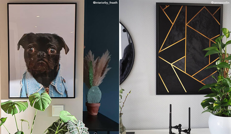  Indretning af entréen - plakater med hund og sort plakat med guldlinjer