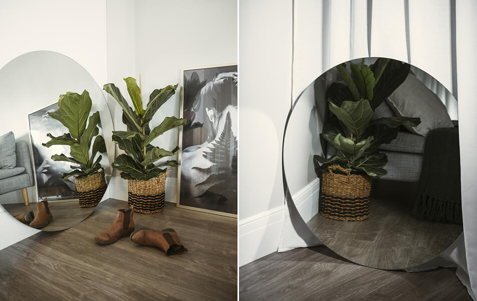 Rundt spejl i stue – rundt spejl i soveværelse